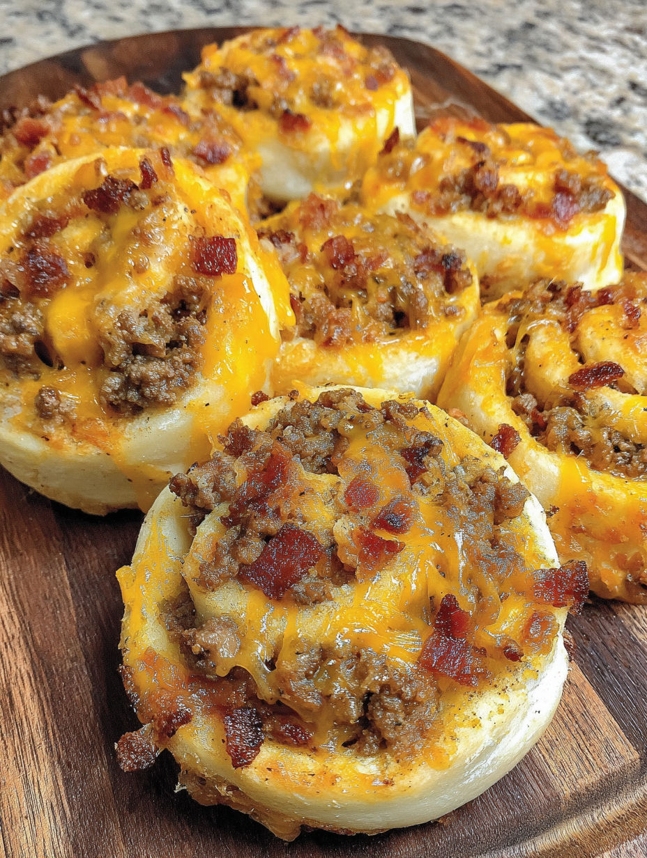 Bacon cheeseburger pinwheels on a wooden table.