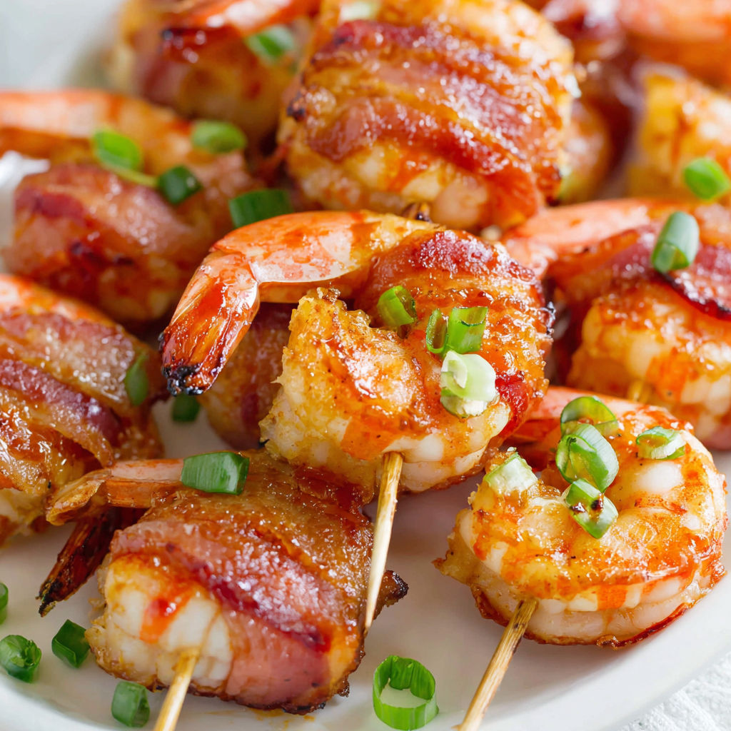 Bacon wrapped shrimp on a plate.
