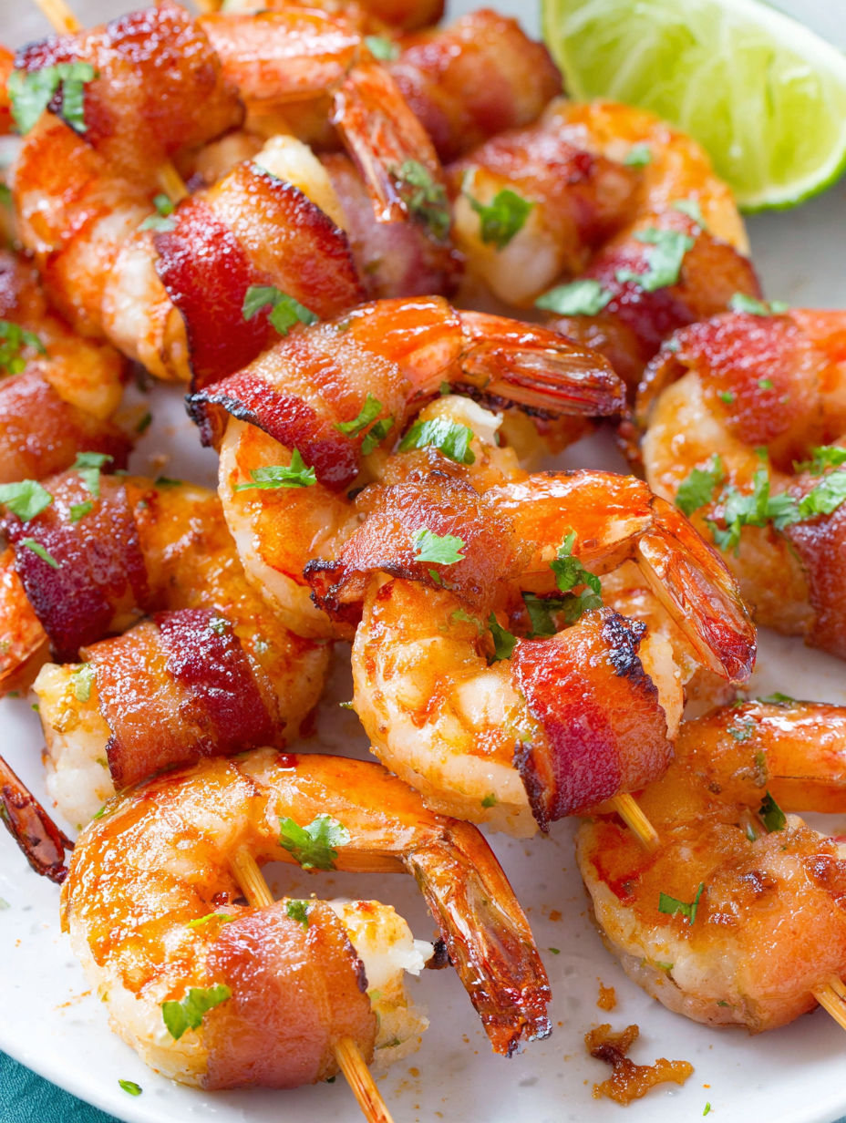 Bacon wrapped shrimp on a plate.