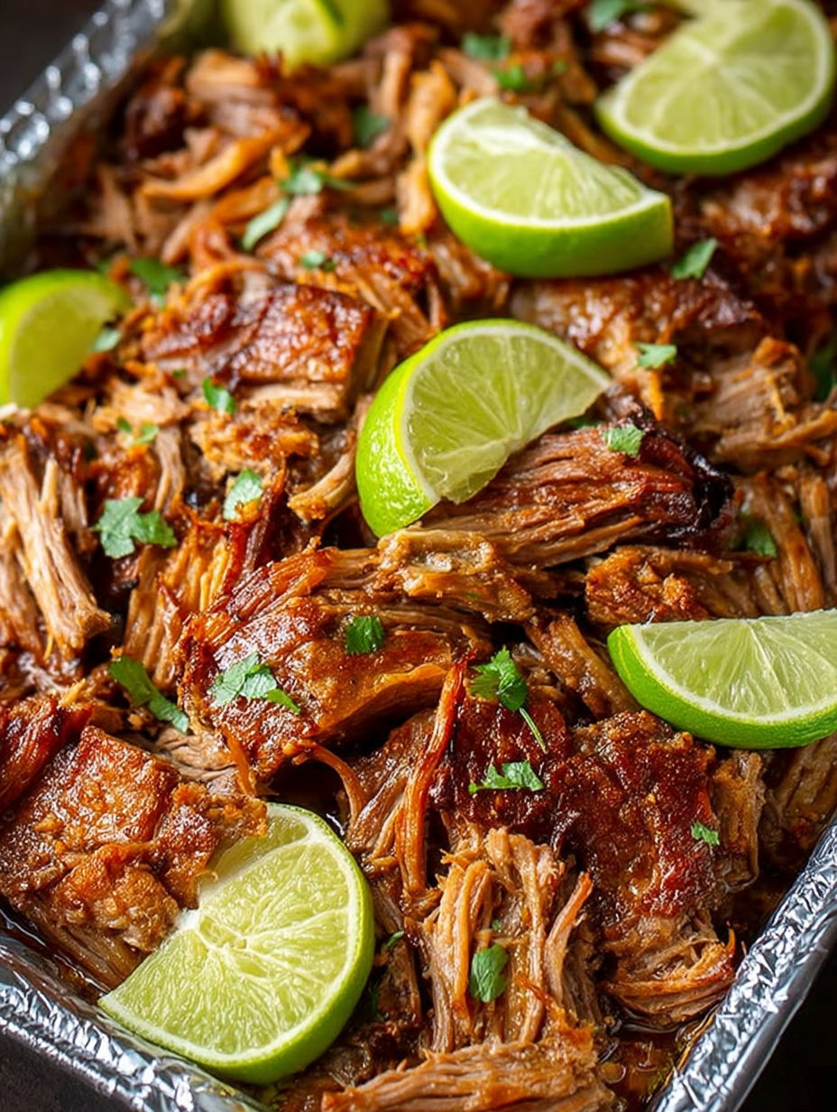 A crock pot full of pork carnitas with limes and cilantro.