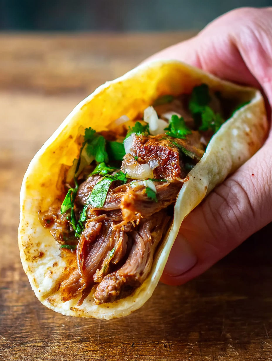 A hand holding a crock pot pork carnitas taco.