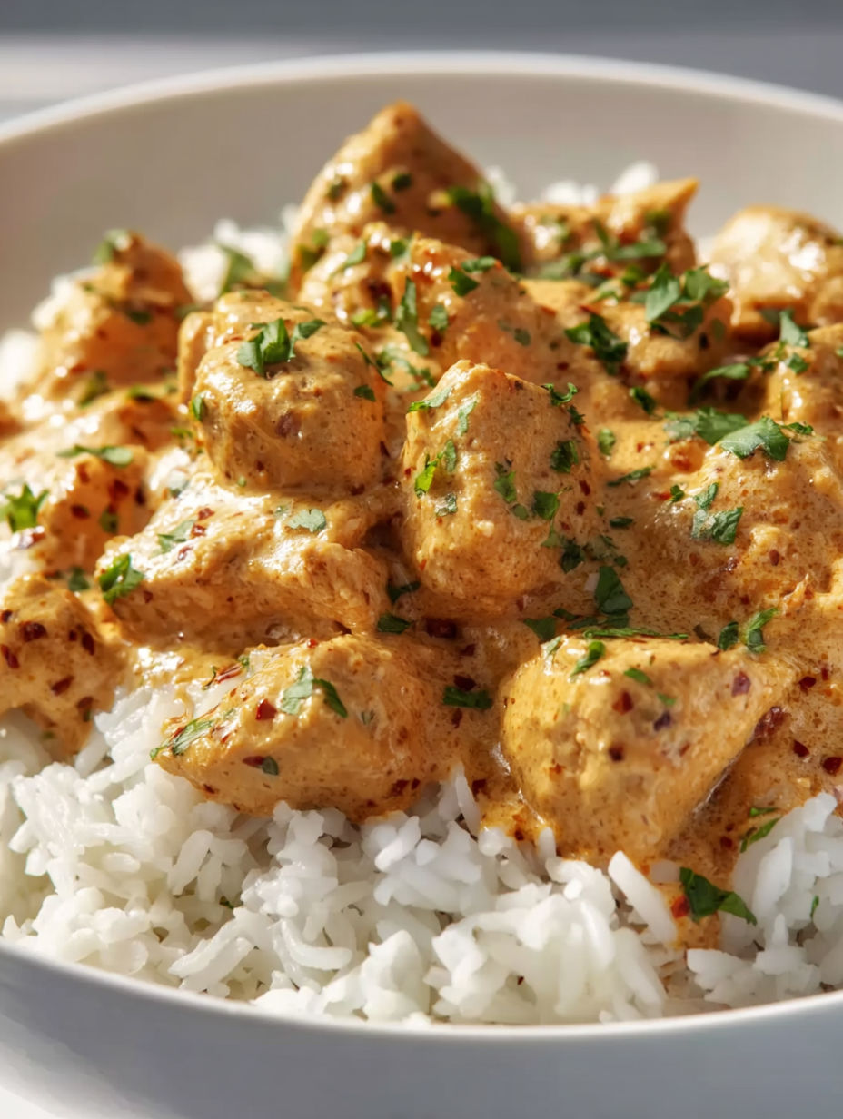 A bowl of rice with chicken and sauce.