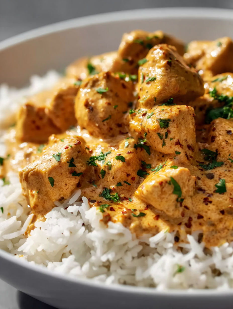 A bowl of rice with chicken and sauce.