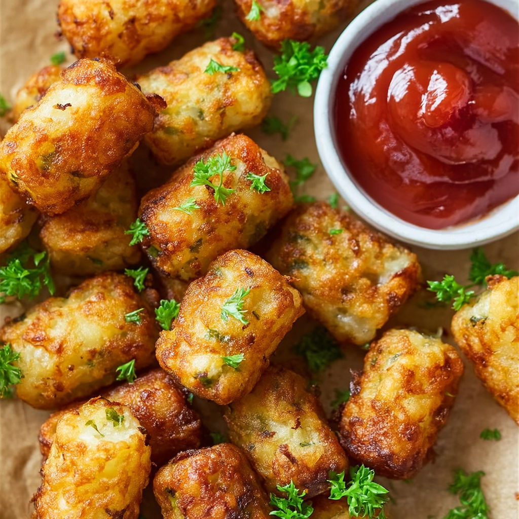 Golden tater tots with ketchup.