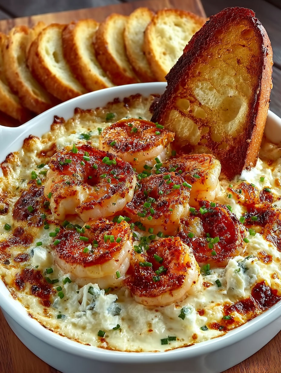 A bowl of cheesy shrimp crab bake dip.