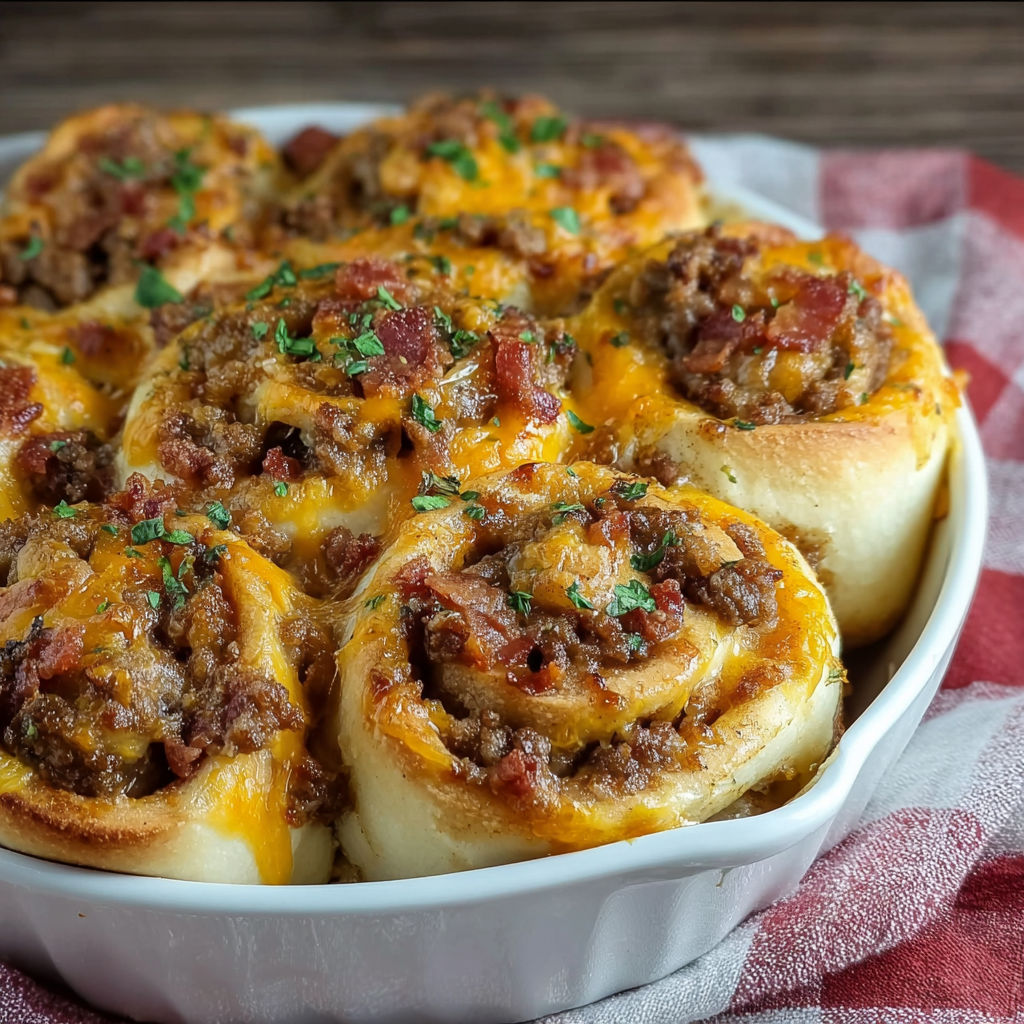 A white bowl filled with bacon cheeseburger pinwheels.