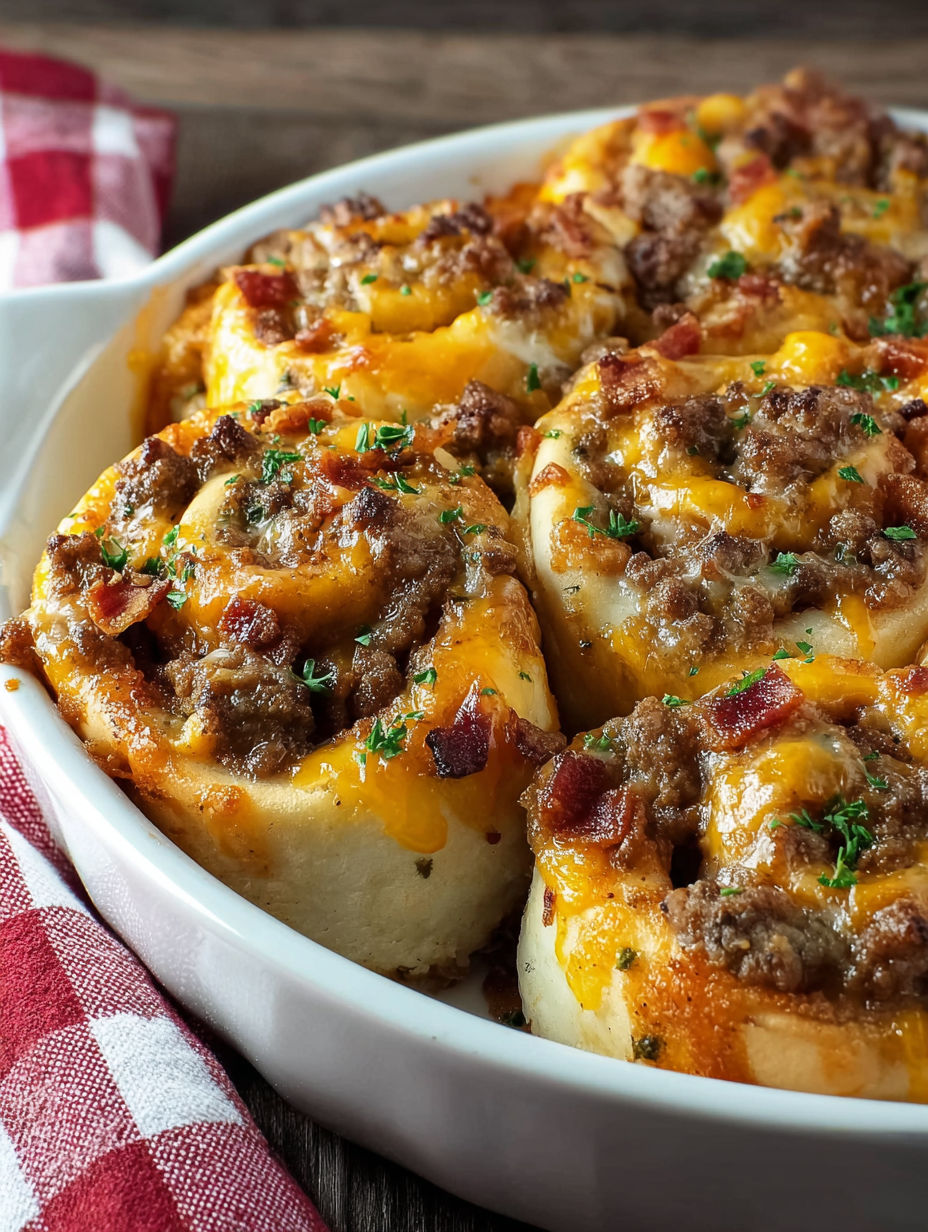 A white bowl filled with bacon cheeseburger pinwheels.