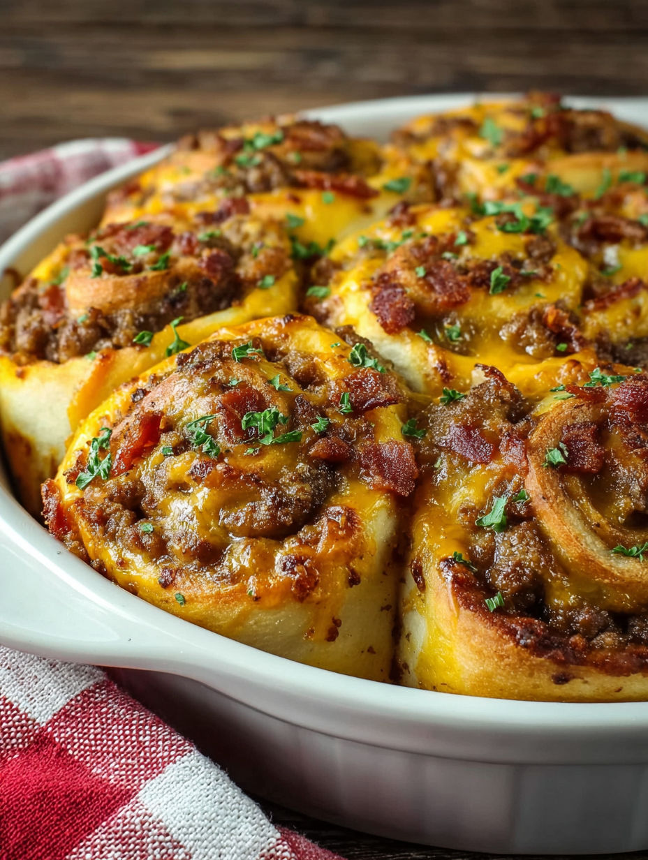A dish of bacon cheeseburger pinwheels.