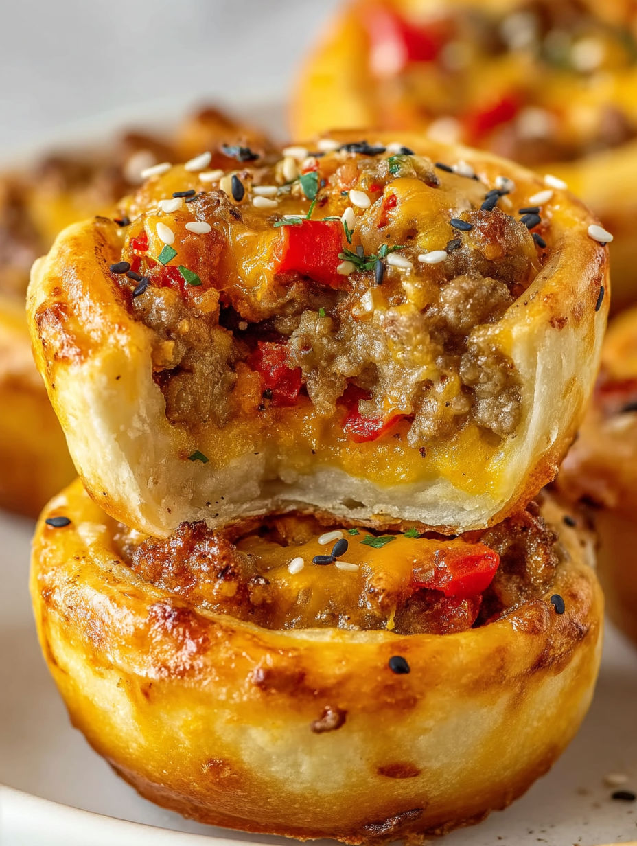 A close up of a cheeseburger pinwheel pizza bite.