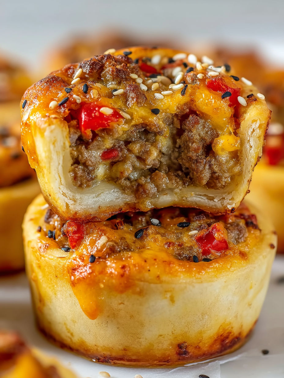 A close up of a cheeseburger pinwheel pizza bite.
