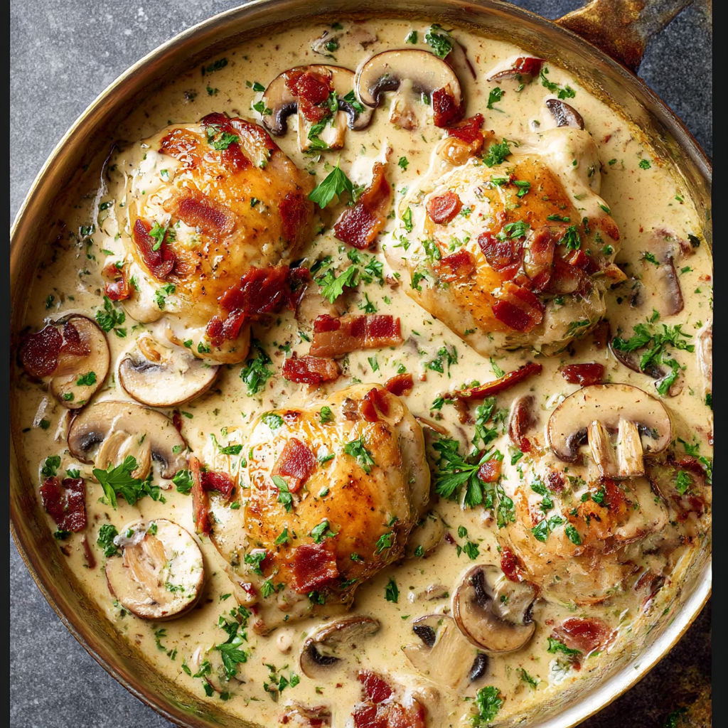 A pan of chicken thighs with mushrooms and bacon.