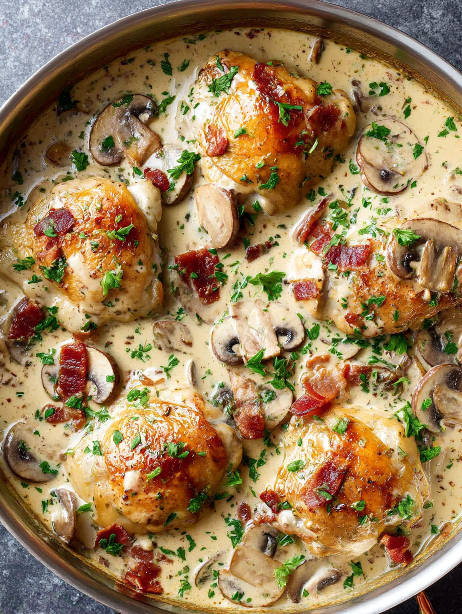 Chicken thighs with mushrooms and bacon in a creamy sauce.
