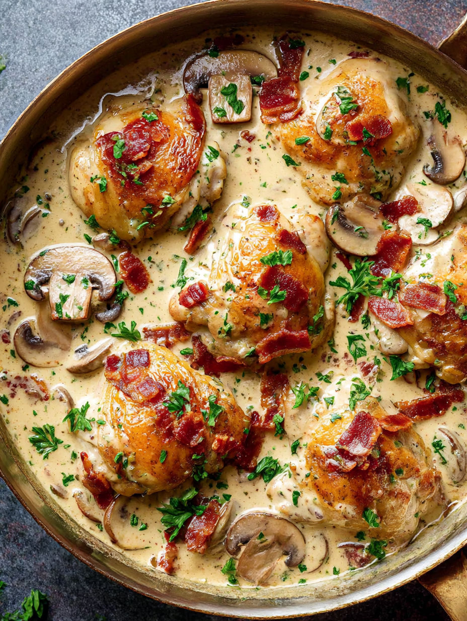 Chicken thighs covered in bacon and mushrooms.