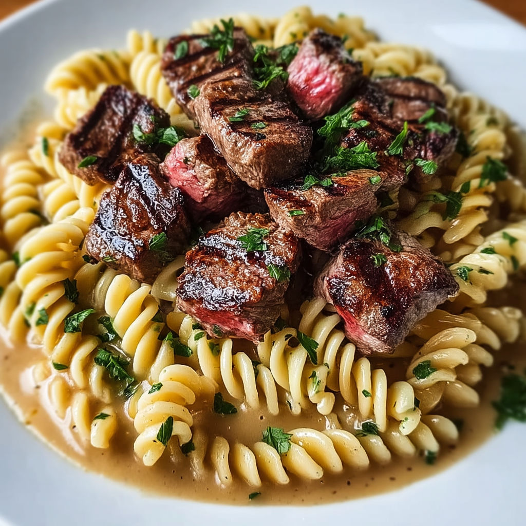 A plate of garlic butter steak and pasta.