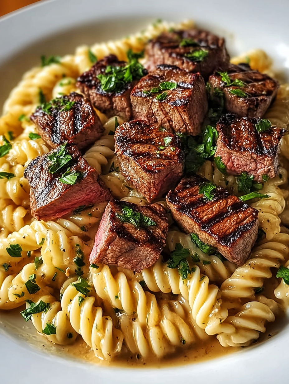 A plate of pasta with meat and vegetables.