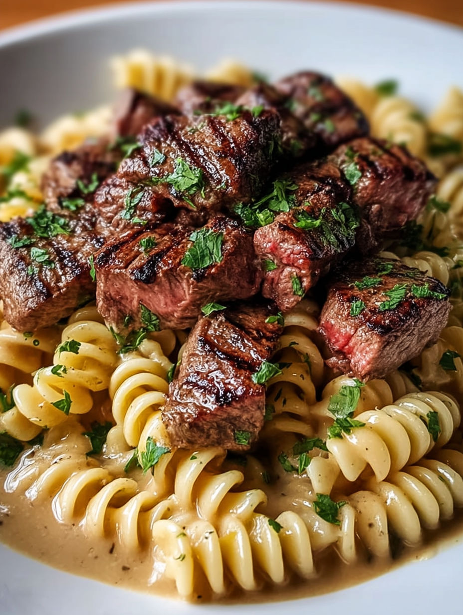 A delicious meal of garlic butter steak and pasta.
