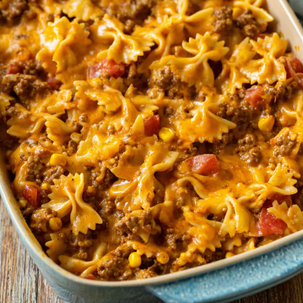A casserole dish filled with pasta and meat.