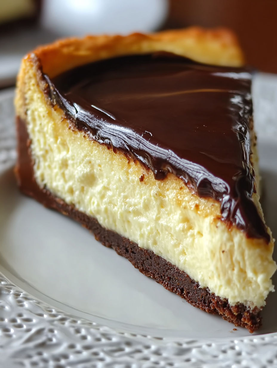 A slice of Boston Cream Pie Cheesecake.