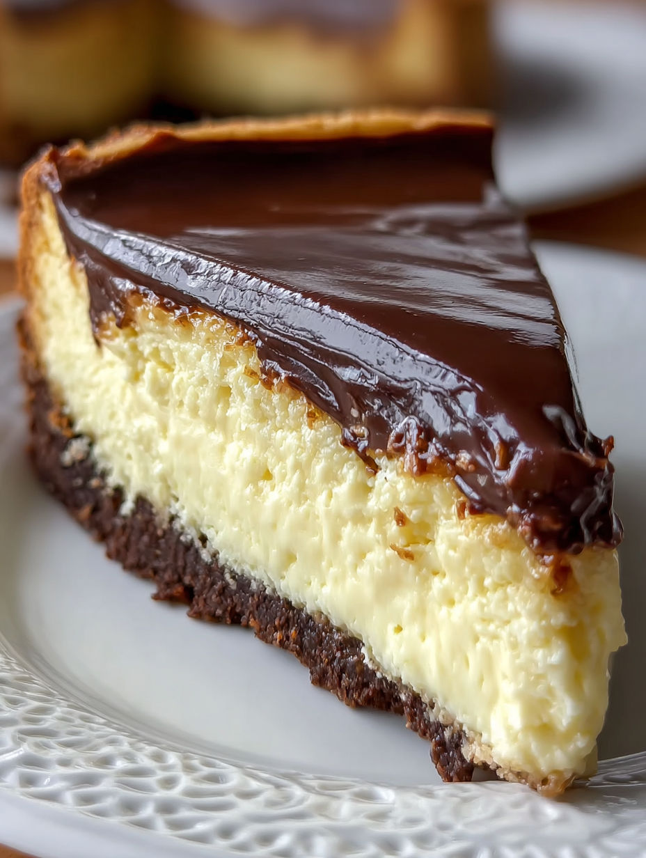 A slice of Boston Cream Pie Cheesecake.