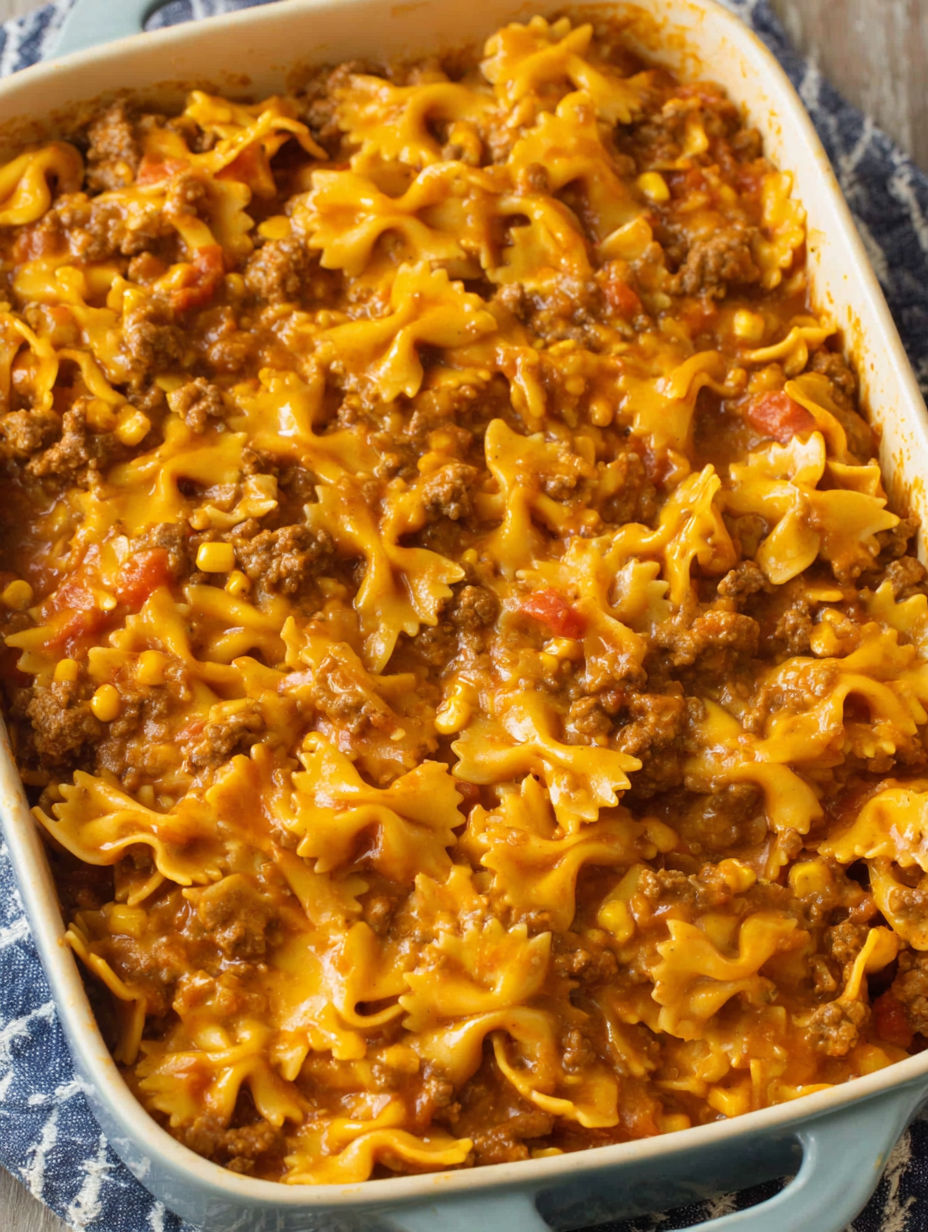 A casserole dish filled with pasta and meat.