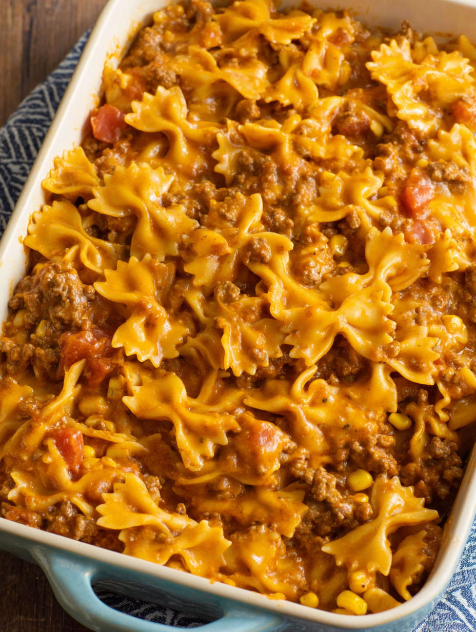 A casserole dish filled with pasta and meat.