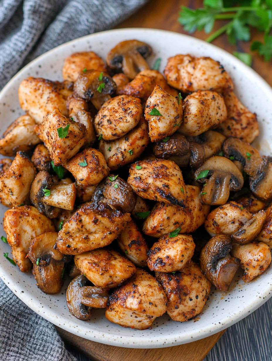 A bowl of chicken and mushrooms.