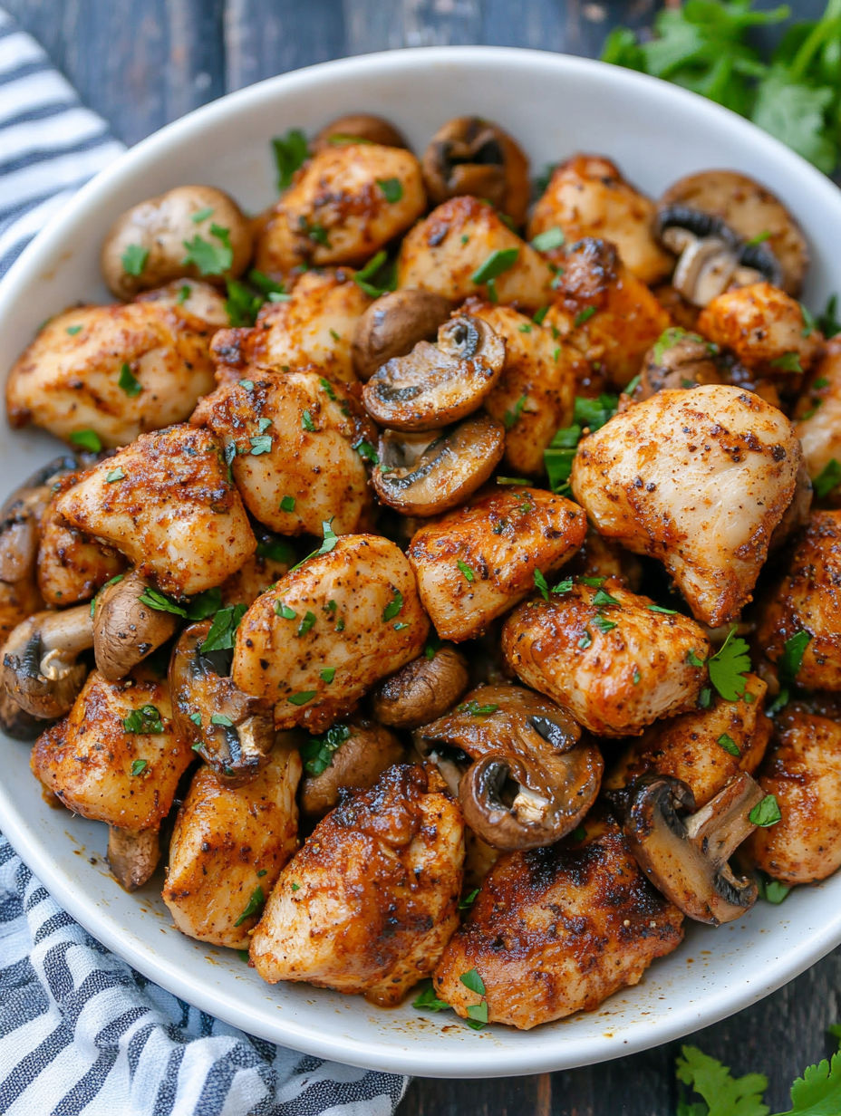 A bowl of chicken and mushrooms.