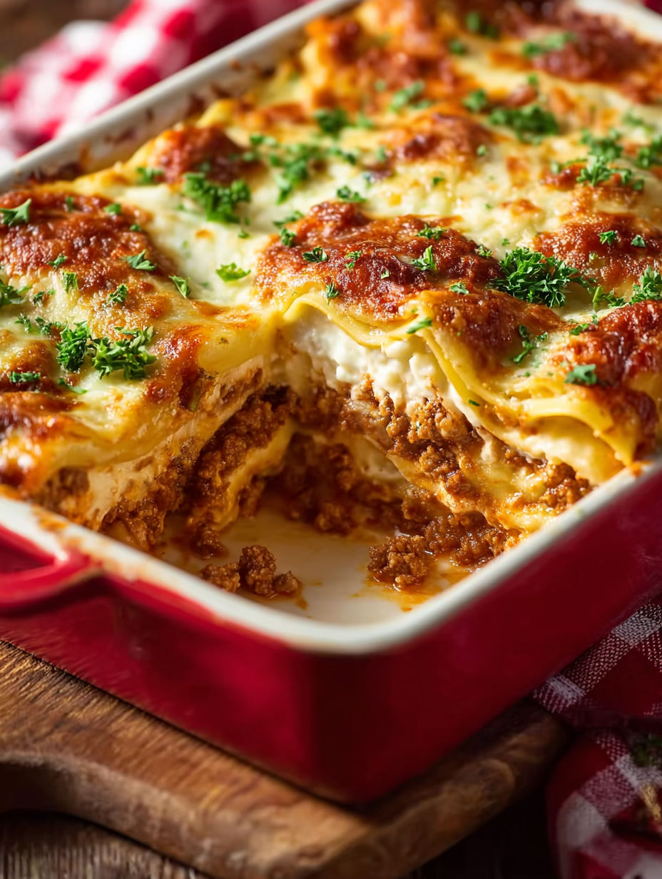 A red pan with a lasagna dish in it.