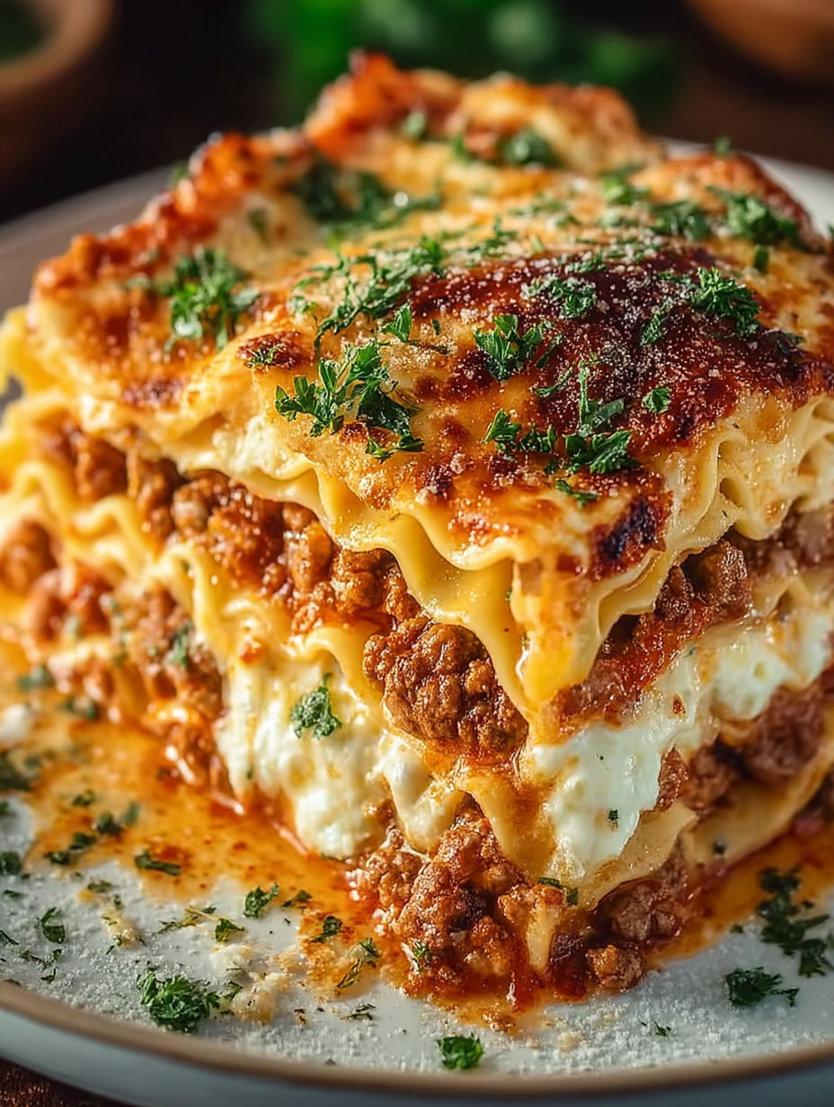 A plate of lasagna with cheese.