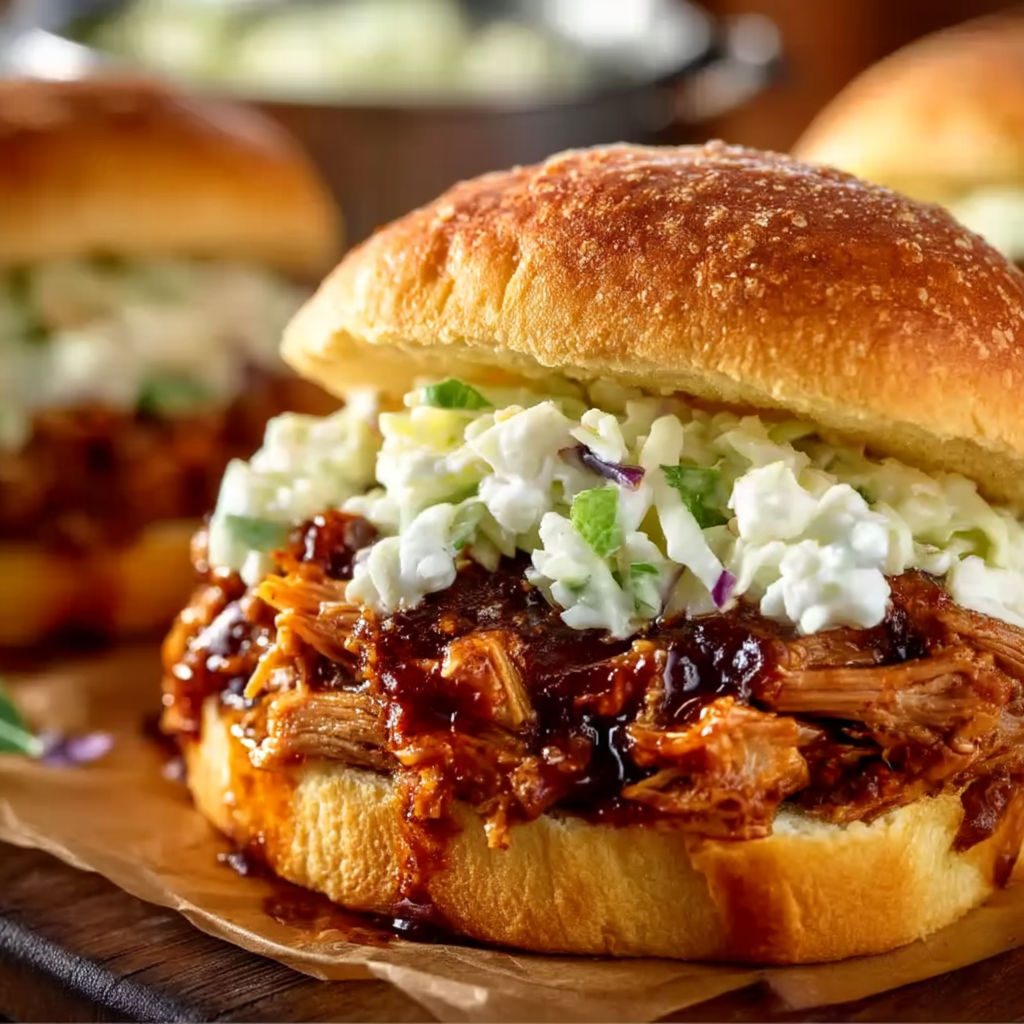 A sandwich with pulled pork and coleslaw.