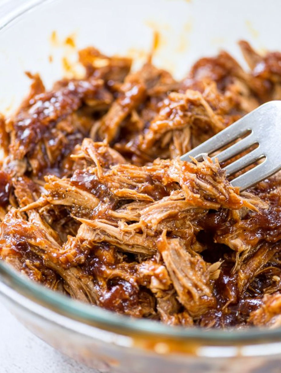 A fork is stuck in a bowl of pulled pork.