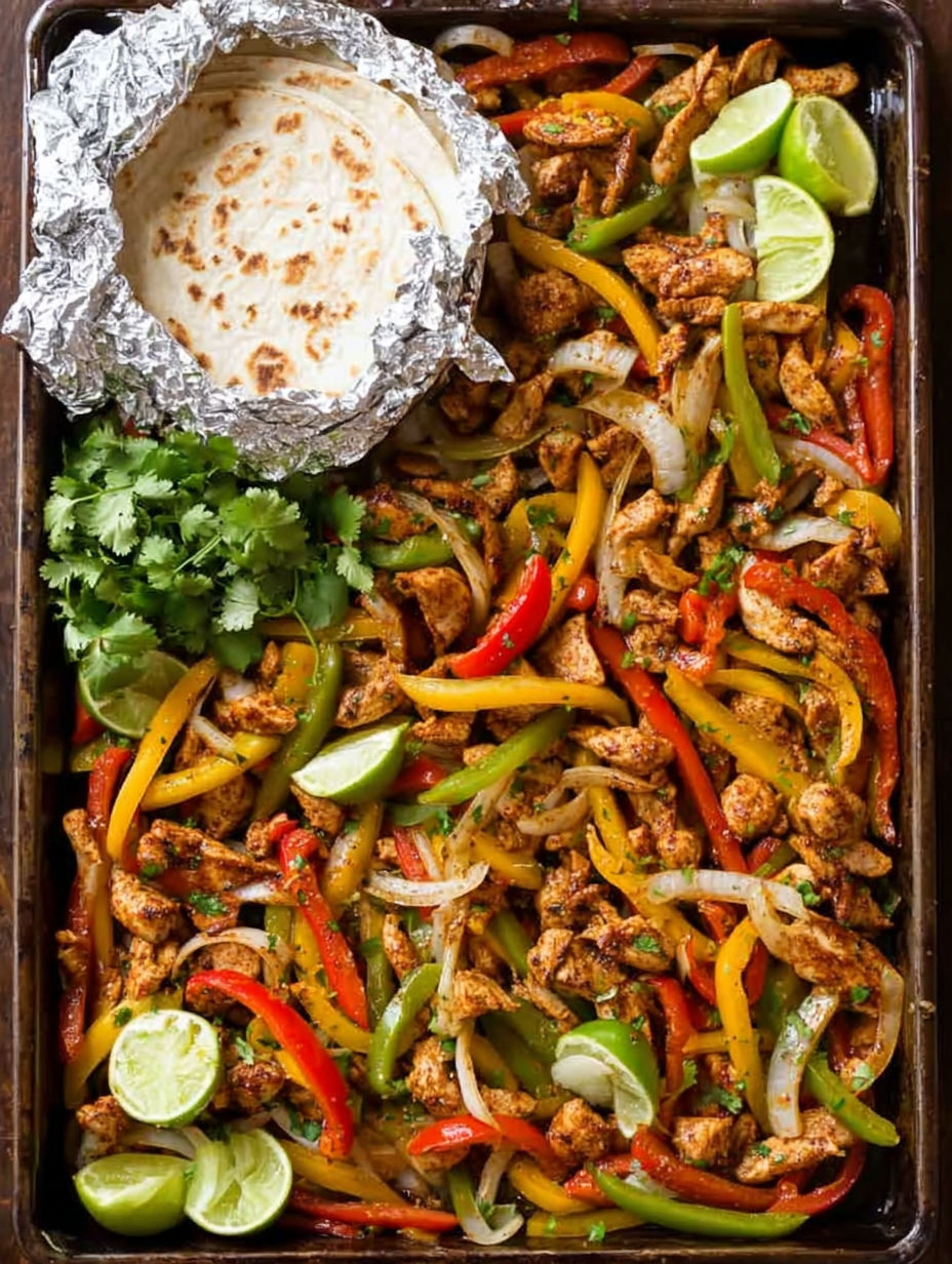 A pan of chicken fajitas with peppers and onions.