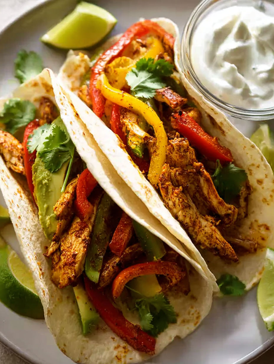 A delicious meal of chicken fajitas with peppers and onions.