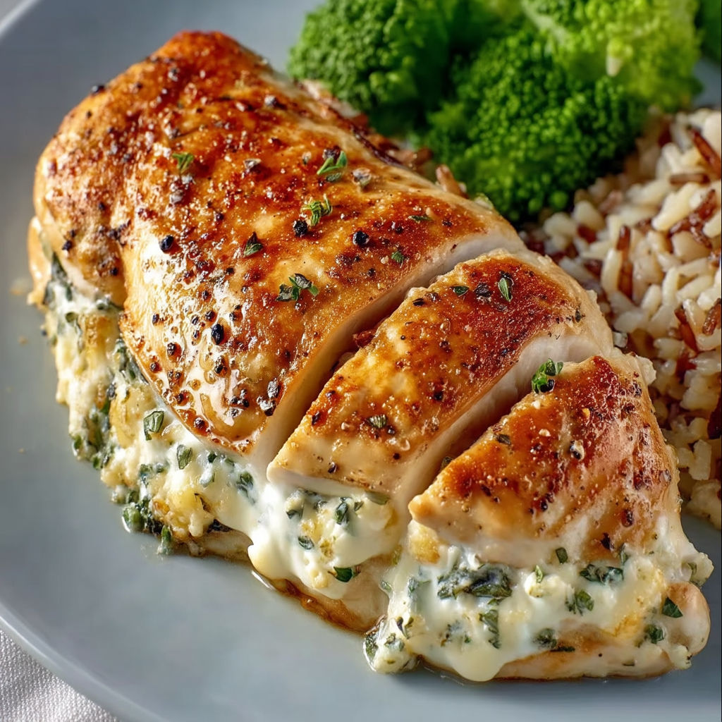 A plate of chicken with herbs and cream cheese.