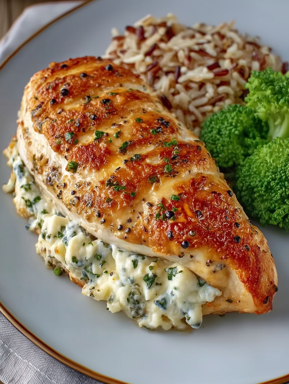 A piece of chicken with herbs and cream cheese on top.