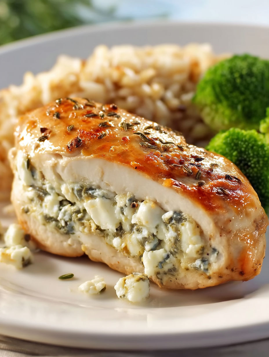 A piece of chicken with herbs and cream cheese on it.