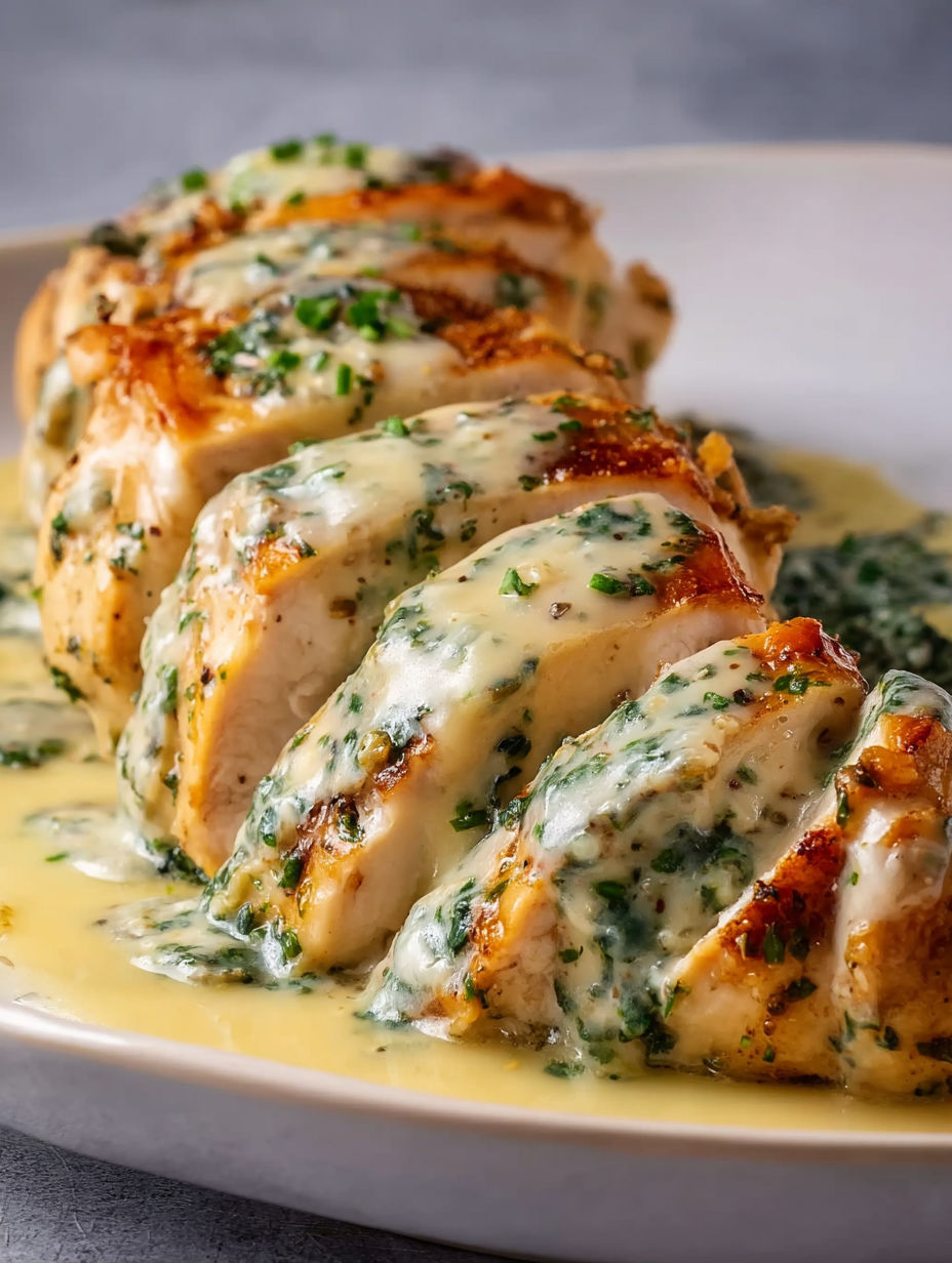 A plate of chicken covered in cream and herbs.