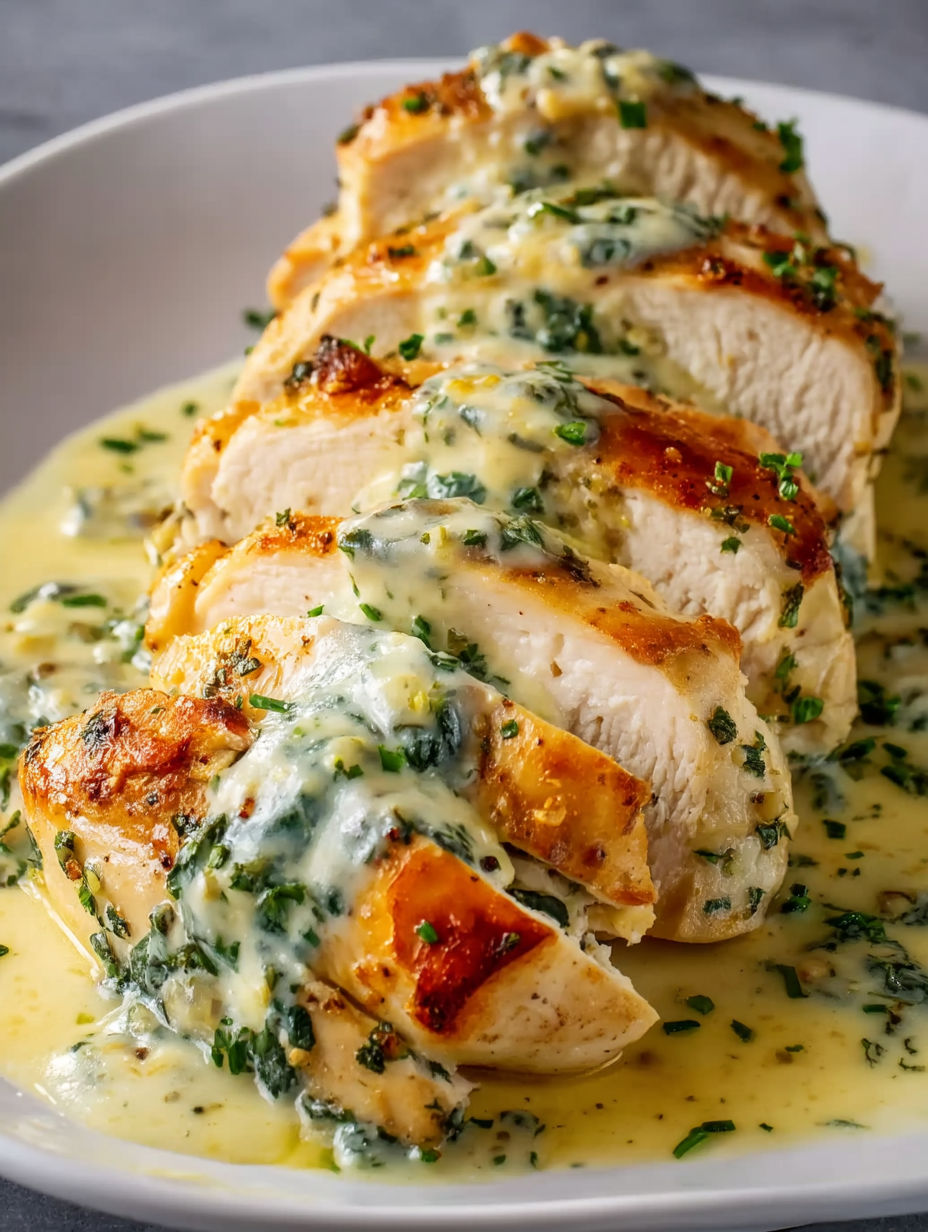 A piece of chicken with herbs and cheese on top.