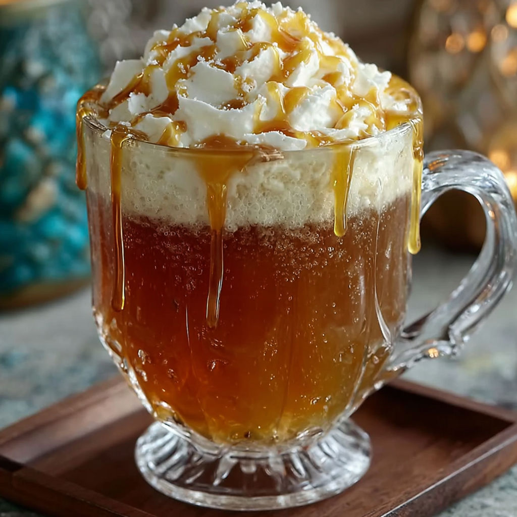 A glass of Butterbeer with caramel drizzled on top.