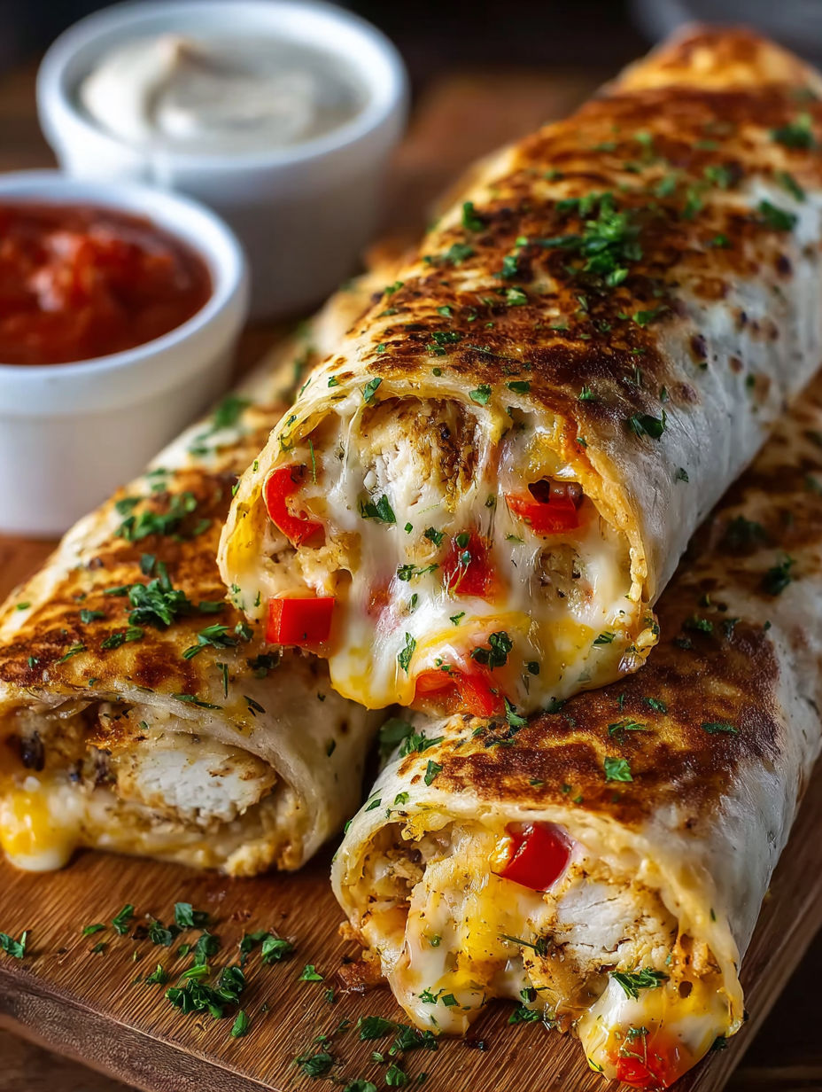 A sandwich with cheese and peppers on a wooden table.