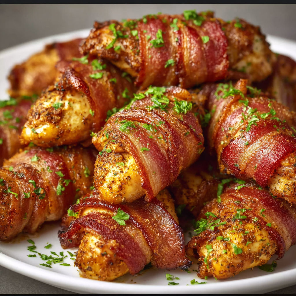 Bacon wrapped chicken tenders on a plate.