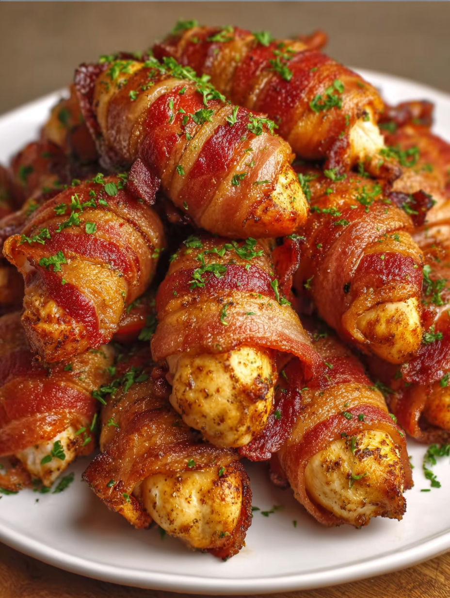 Bacon wrapped chicken tenders on a plate.