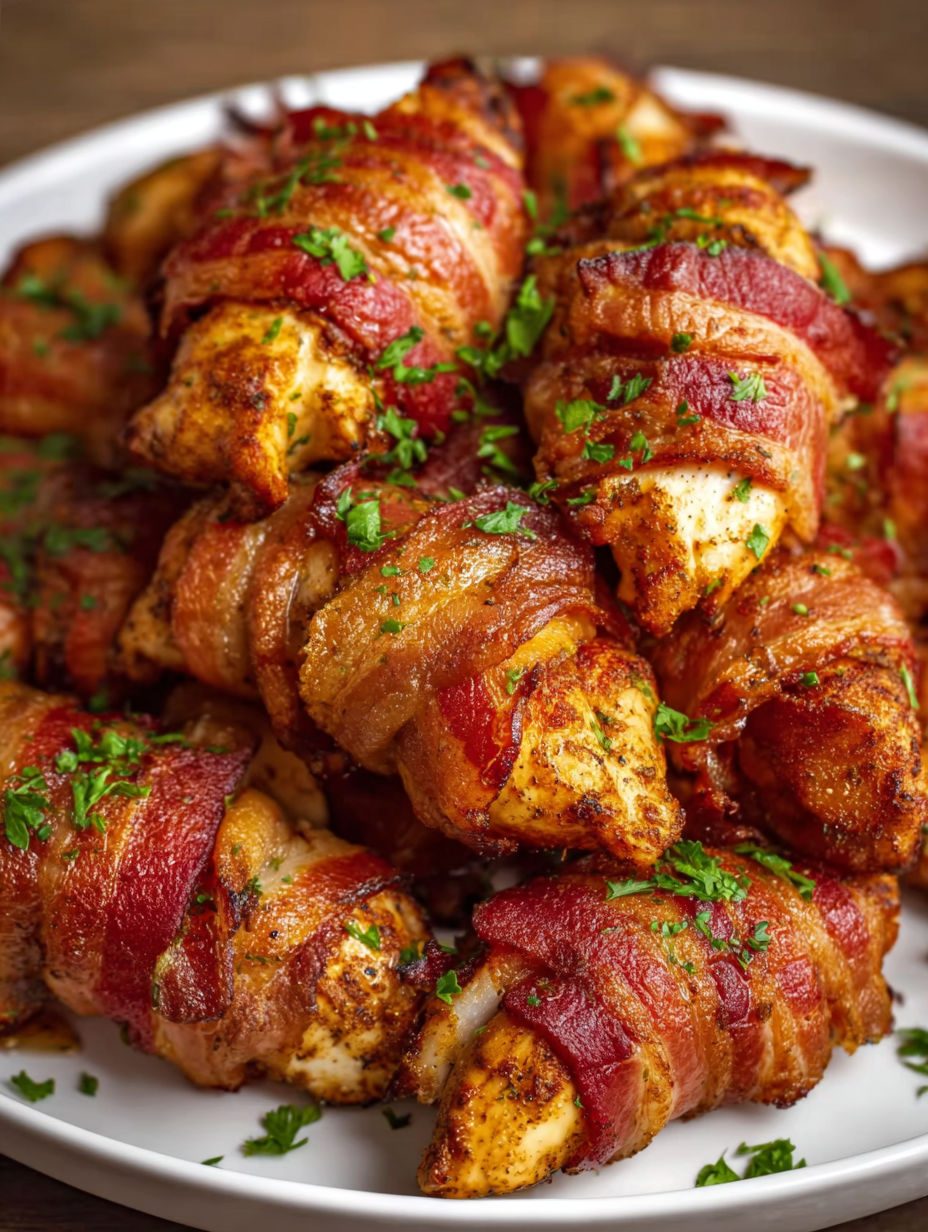 Bacon wrapped chicken tenders on a plate.