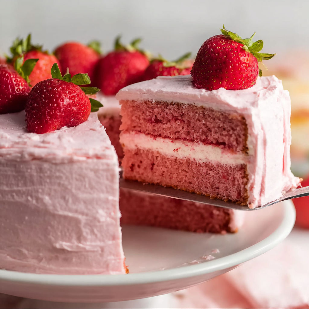 A slice of cake with strawberries on top.
