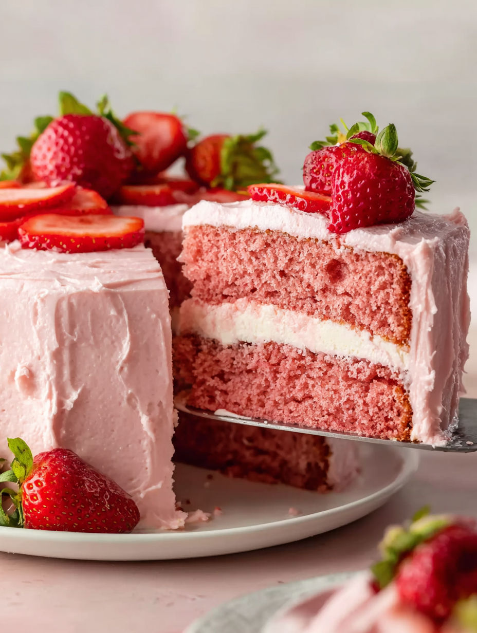 A slice of cake with strawberries on top.