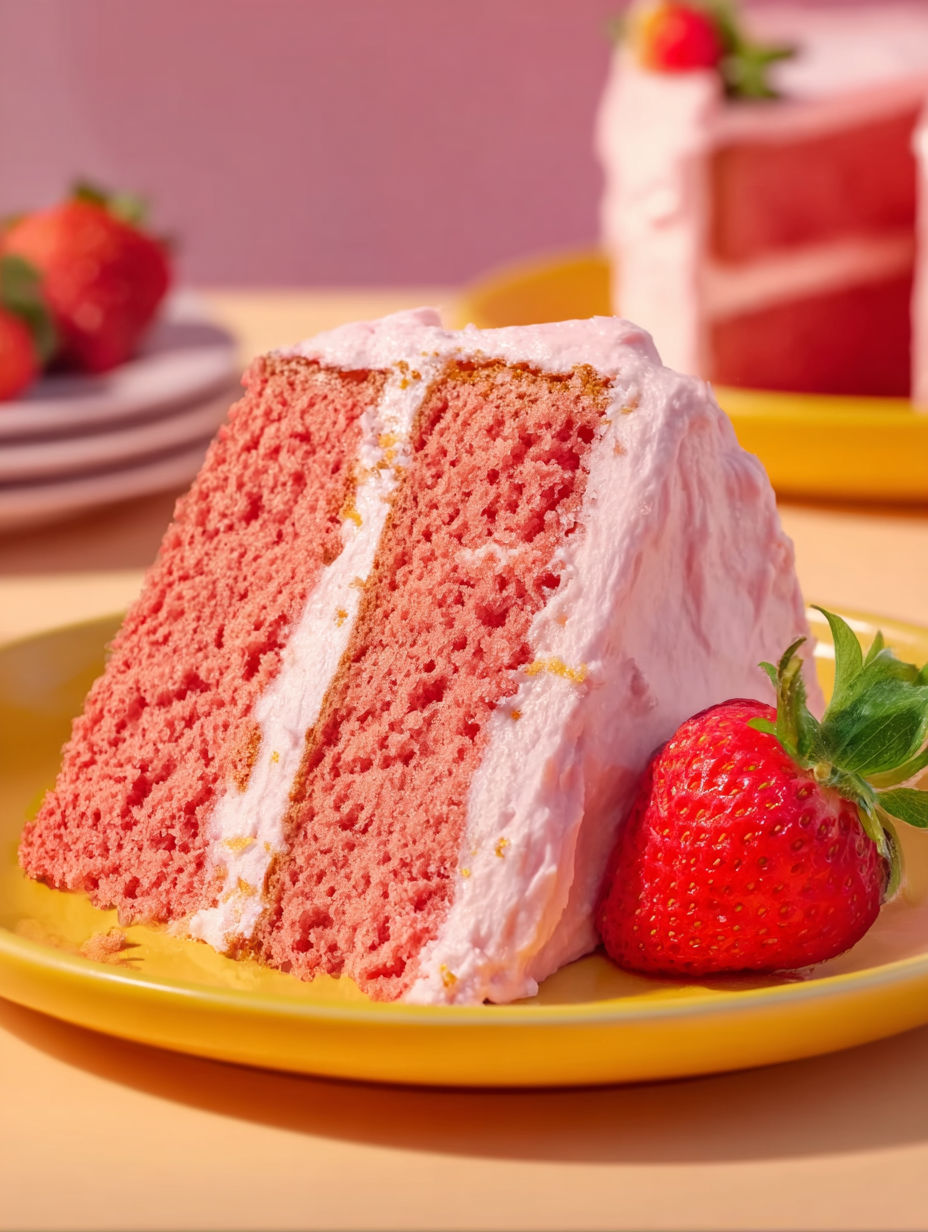A slice of cake with strawberries on top.