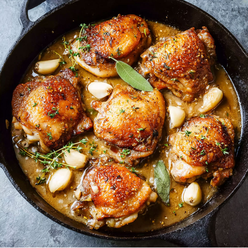 A pan of garlic chicken with green herbs.