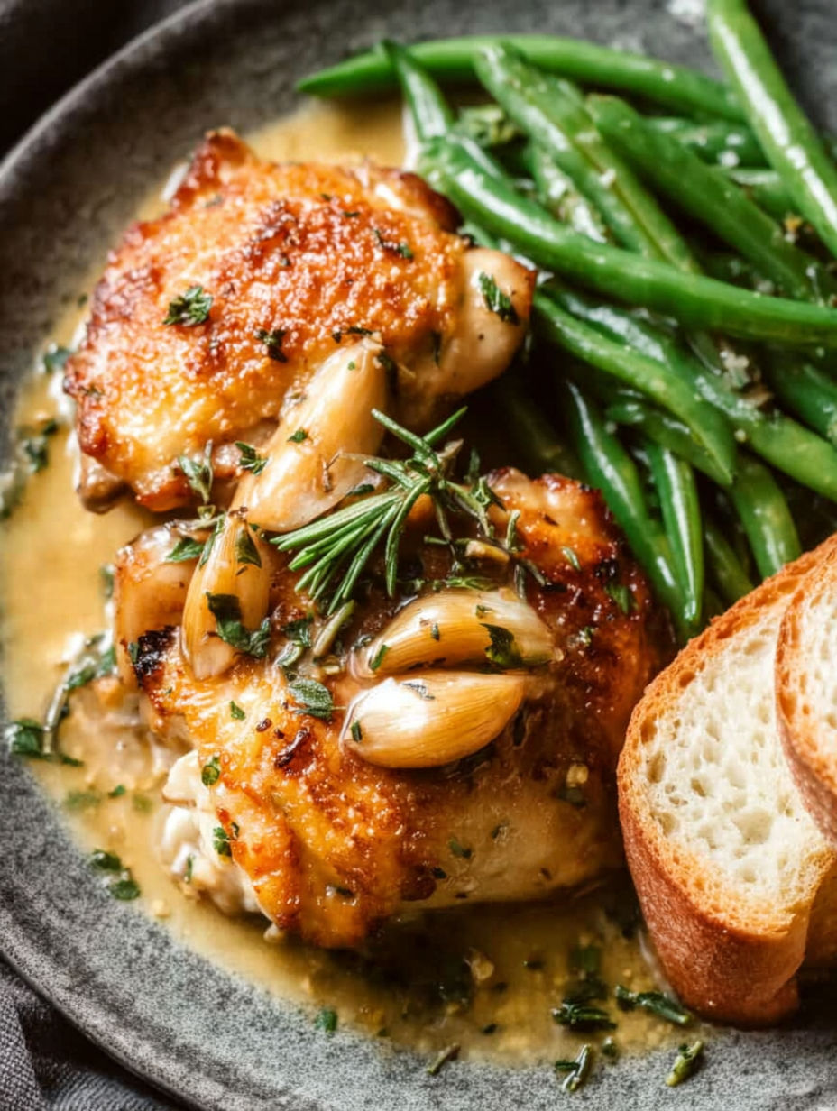 A plate of garlic chicken with bread.