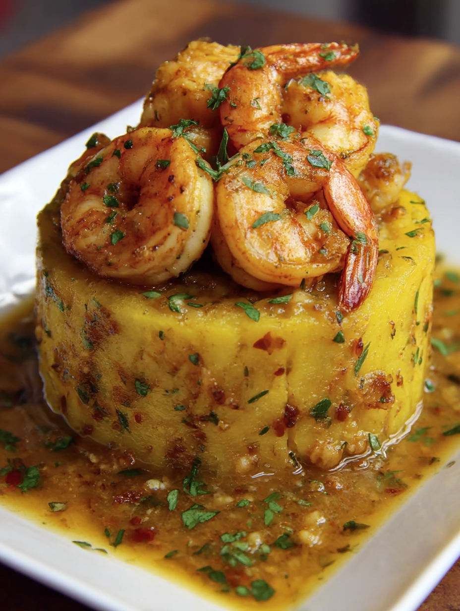A plate of food with shrimp and a sauce.