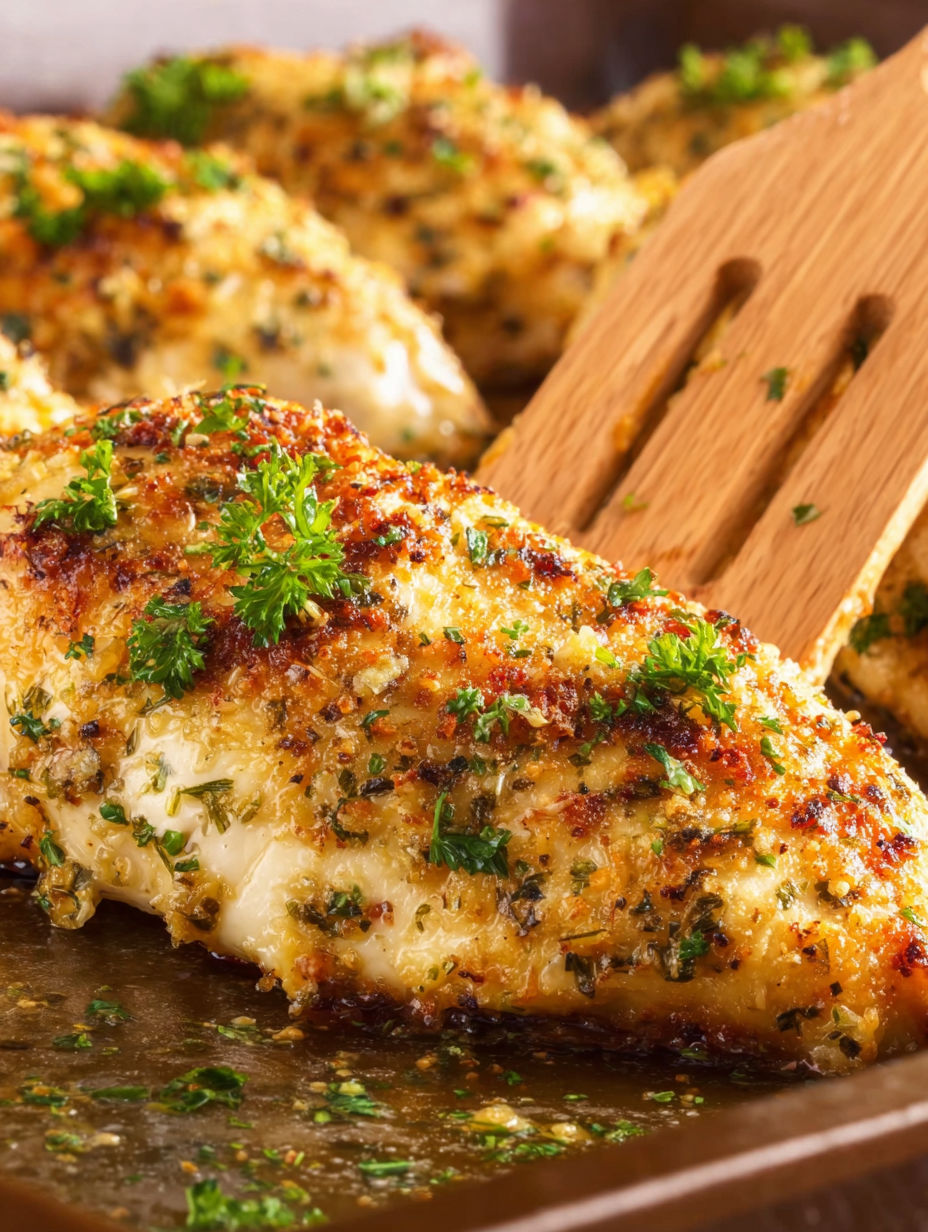A piece of baked garlic parmesan chicken.